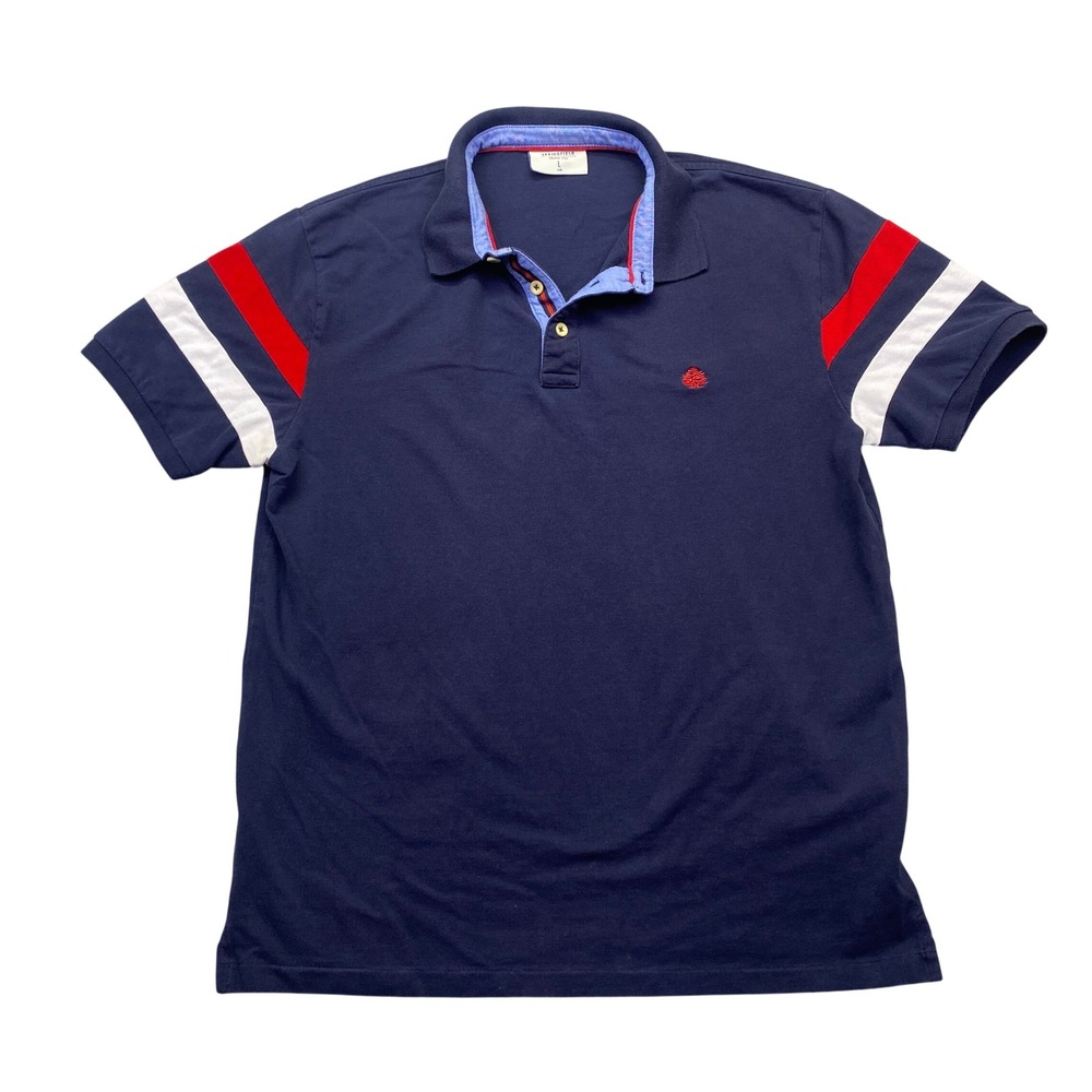 Springfield Mens Original Polo‎ Shirt Navy Blue Red White Stripe Sleeve Size L